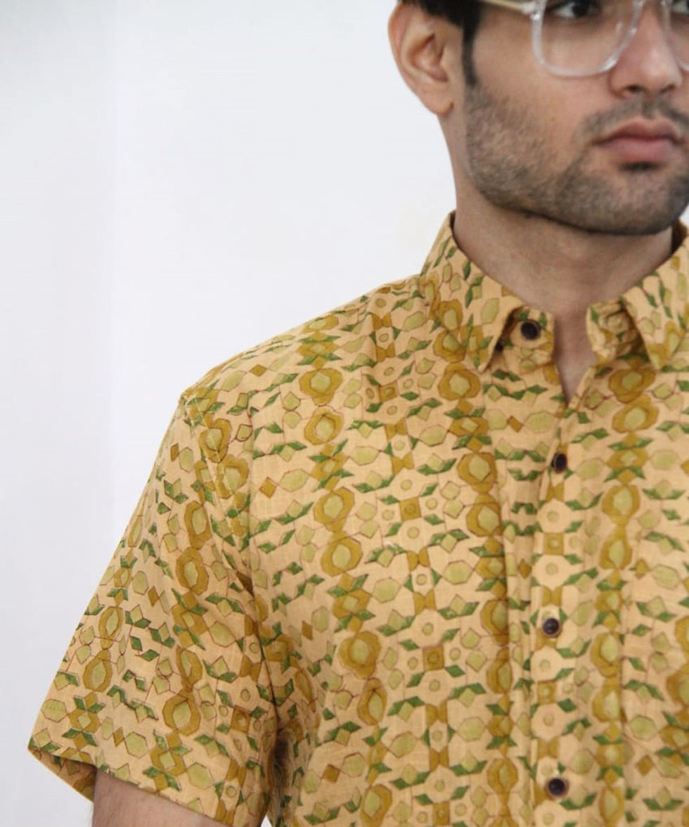 Mustard Geometric Floral Hand Block Printed Half Sleeve Shirt