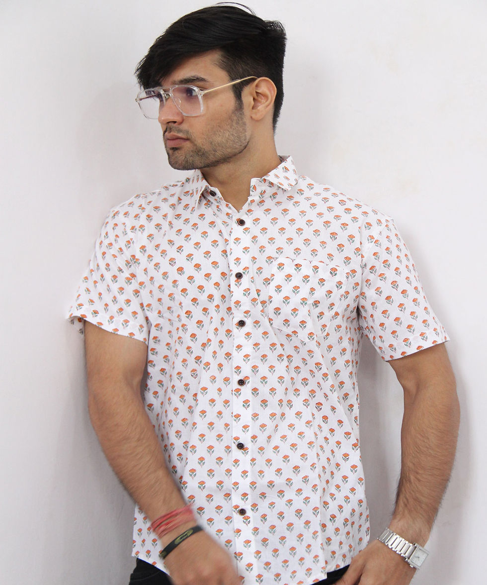 White Floral Pattern Hand Block Printed Half Sleeve Shirt