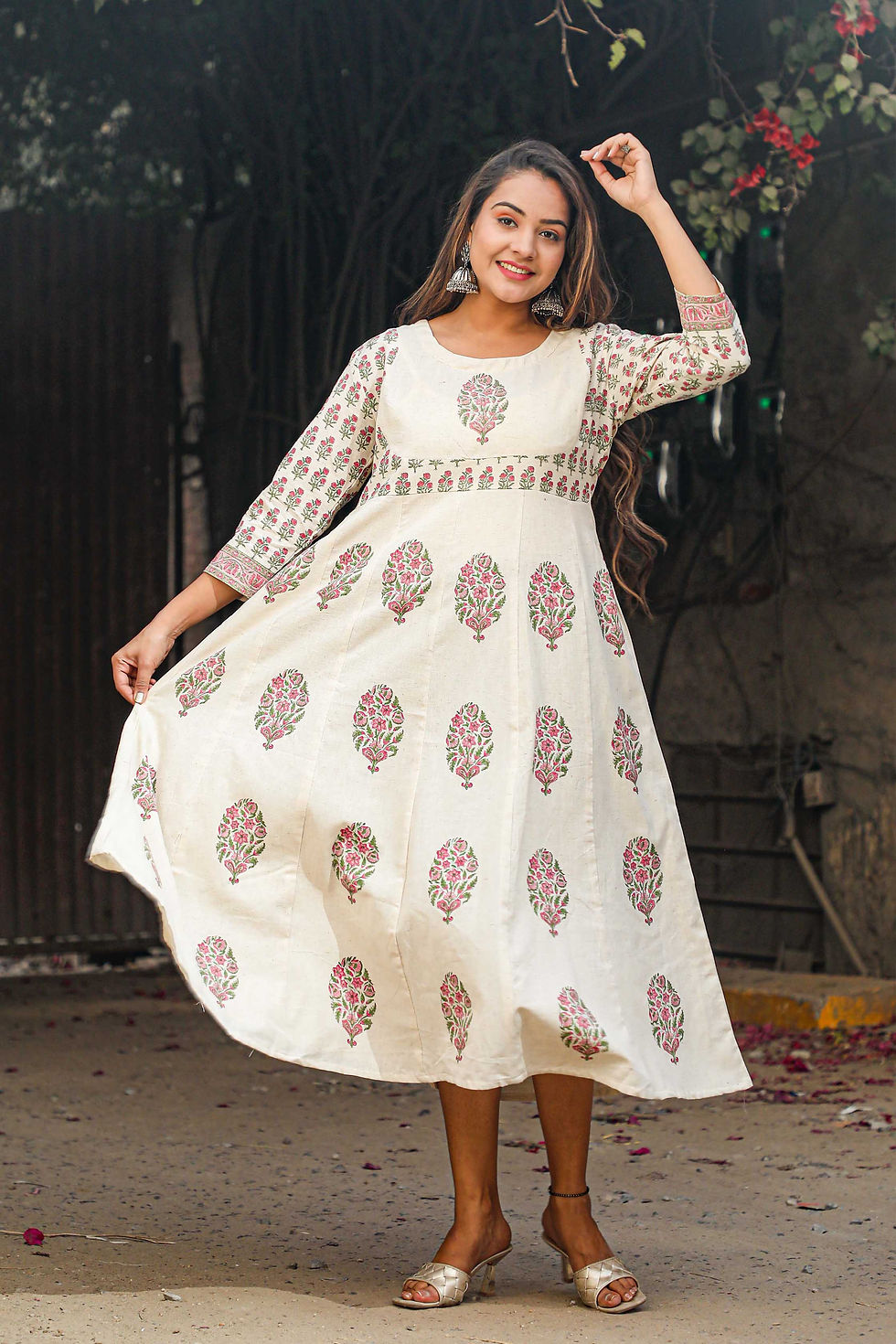 Basanti Gulab Anarakali Hand Block Printed Dress