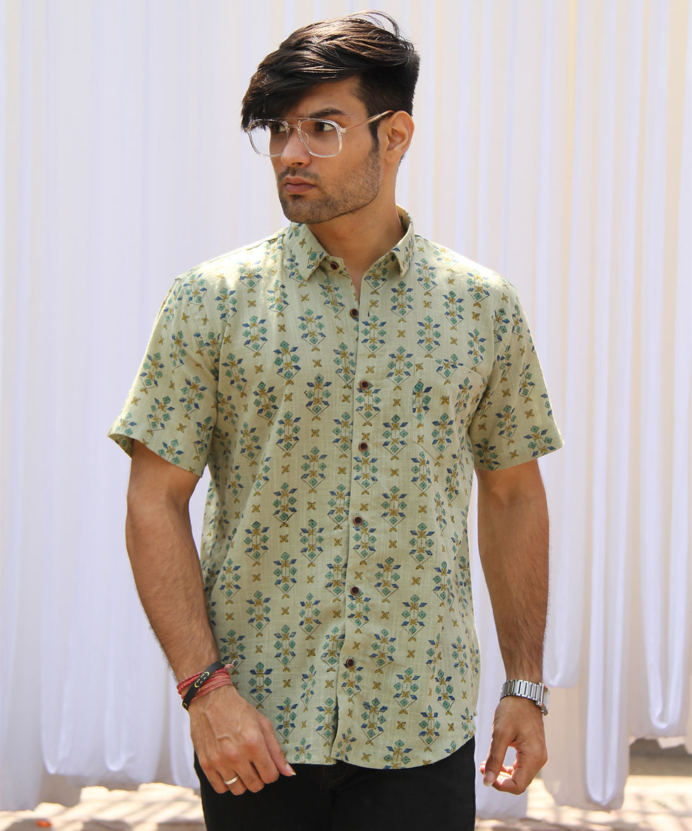 Olive Green Geometric Floral Hand Block Printed Half Sleeve Shirt
