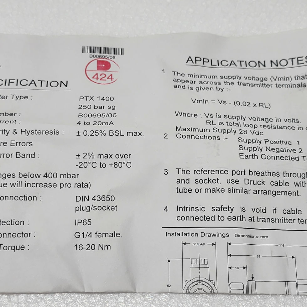 Versatile Marine Druck PTX 1400 Ex 250 bar sg Pressure Transmitter, Label.