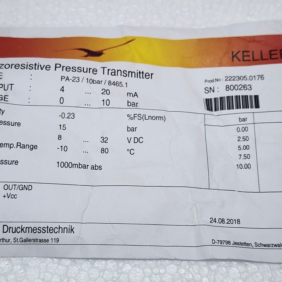 KELLER 222305.0176 PA-23 / 10bar / 8465.1 Pressure Transmitter, 4-20mA, 8-32VDC, Versatile Marine, label detail.