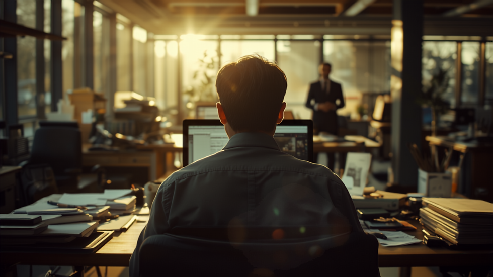 An office worker at a desk with a supervisor visible in the background