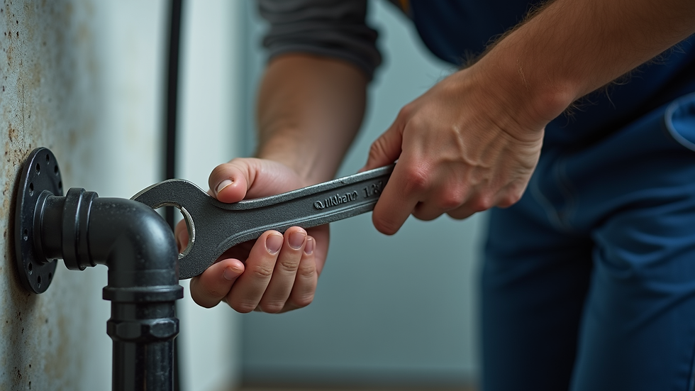 Close-up view of a plumber using a wrench to tighten a pipe fitting