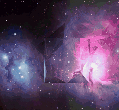 A floating translucid geometrical star-like shape made of intersecting cubesrotating in space over a starry background