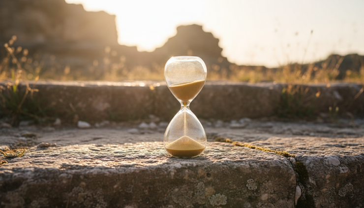 Eye-level view of an hourglass on a stone step with sand almost gone.