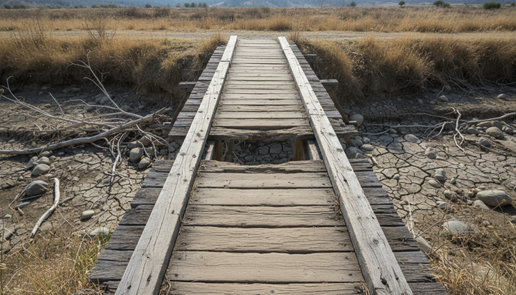 Overhead view of a narrow footbridge with one missing plank over a dry creek bed.