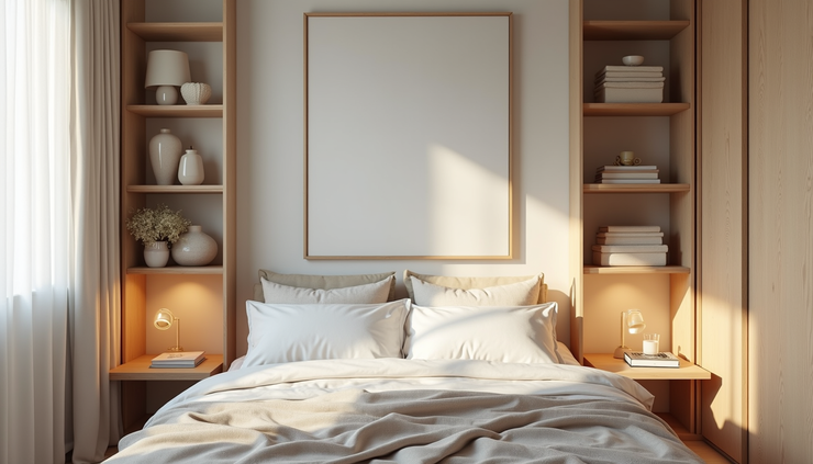 High angle view of a calm bedroom with organized shelves and soft textures