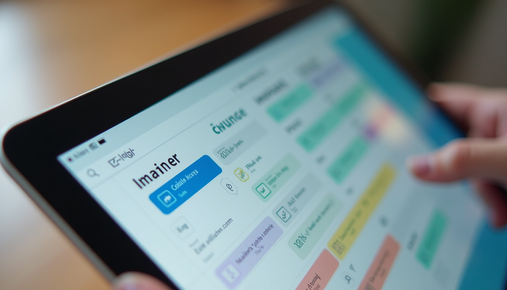Close-up view of a digital tablet displaying a colorful daily planner app