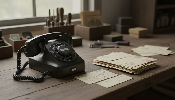 Eye-level view of a corded phone beside stamped envelopes on a workshop bench.