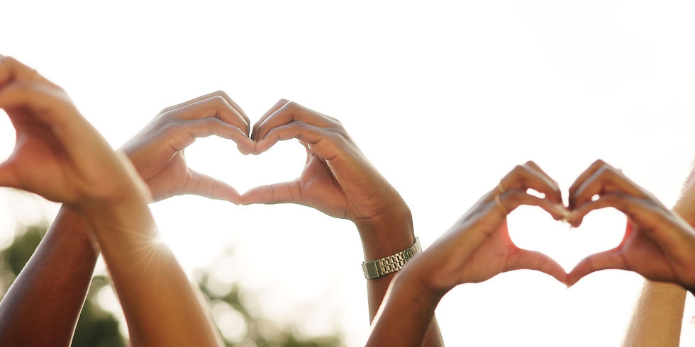 Friends, people and team with heart hands outdoor for love, care and thank you for charity