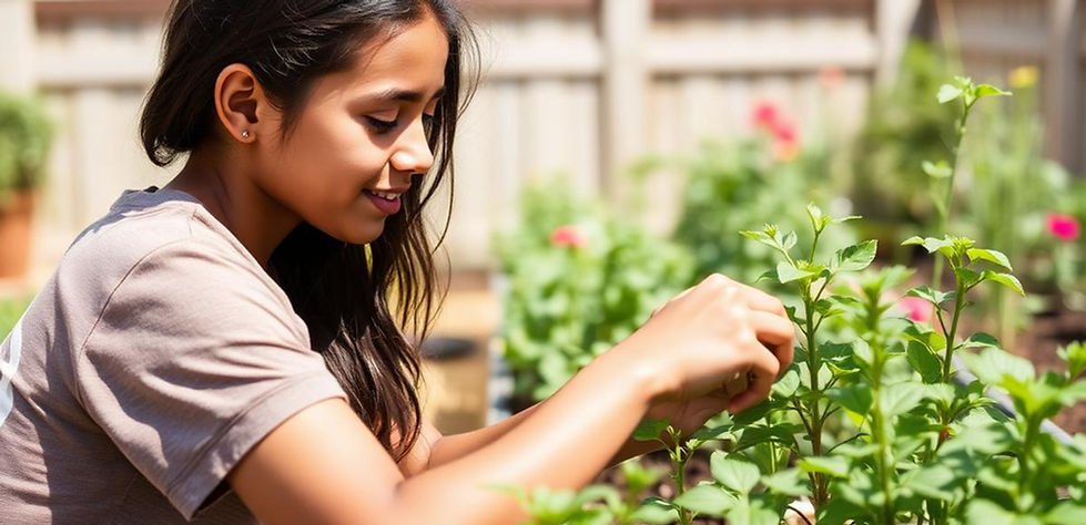 A smiling young woman tending to small green plants in a raised garden bed outdoors in a sunny backyard.