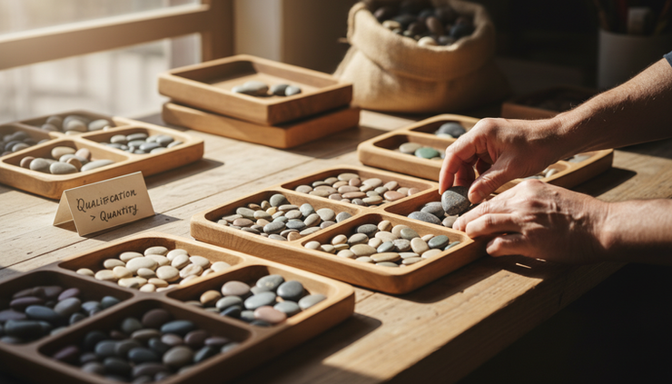 Close-up view of carefully sorted river stones in separate wooden trays.