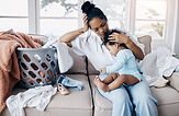 mother-home-hug-baby-comfort-tired-woman-laundry-basket-with-clothes-fold-mama-embrace-dau