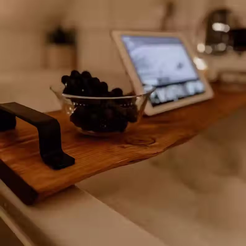 Thumbnail: Rustic Charm Solid Wood Slab Bathtub Caddy - Handcrafted