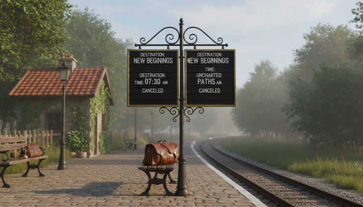Wide-angle view of a small railway platform with a timetable board and only two marked departure signs.