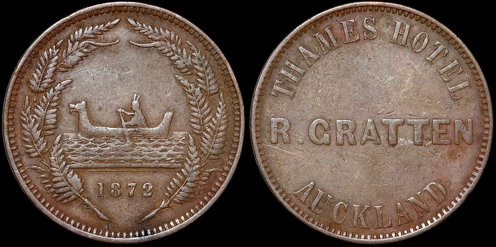 Thumbnail: New Zealand. R Gratten, Thames Hotel, Auckland. Penny Token, 1872.