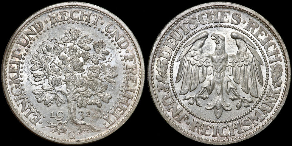 Thumbnail: Germany, Weimar Republic. 5 Reichsmark, 1932 G. Karlsruhe Mint. Oak Tree. 36mm.