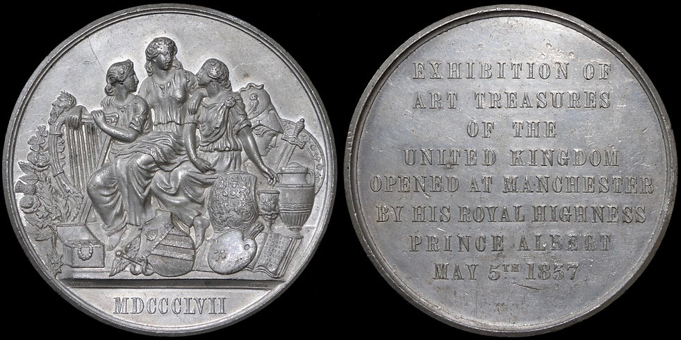 Thumbnail: Manchester Exhibition Of Treasures, 1857. White Metal Medal. By Pinches. 62mm.