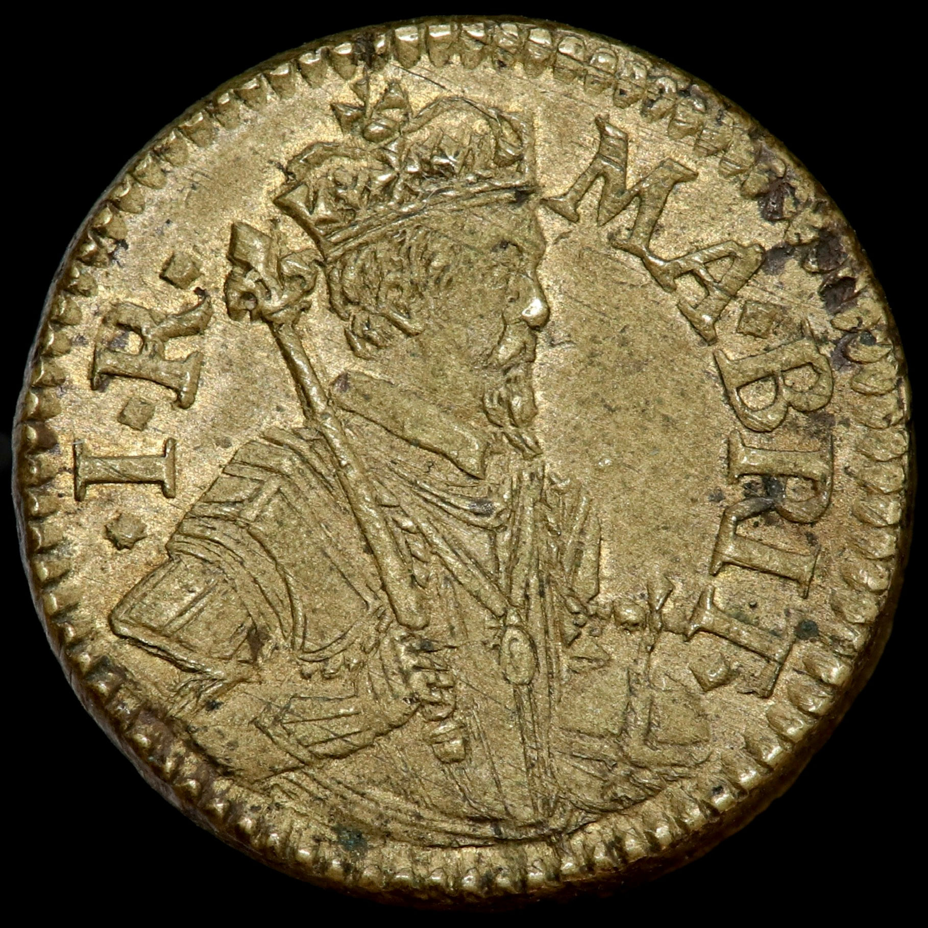 James I, 1603-25. Brass Unite Coin Weight, c.1620. By Nicholas Briot.