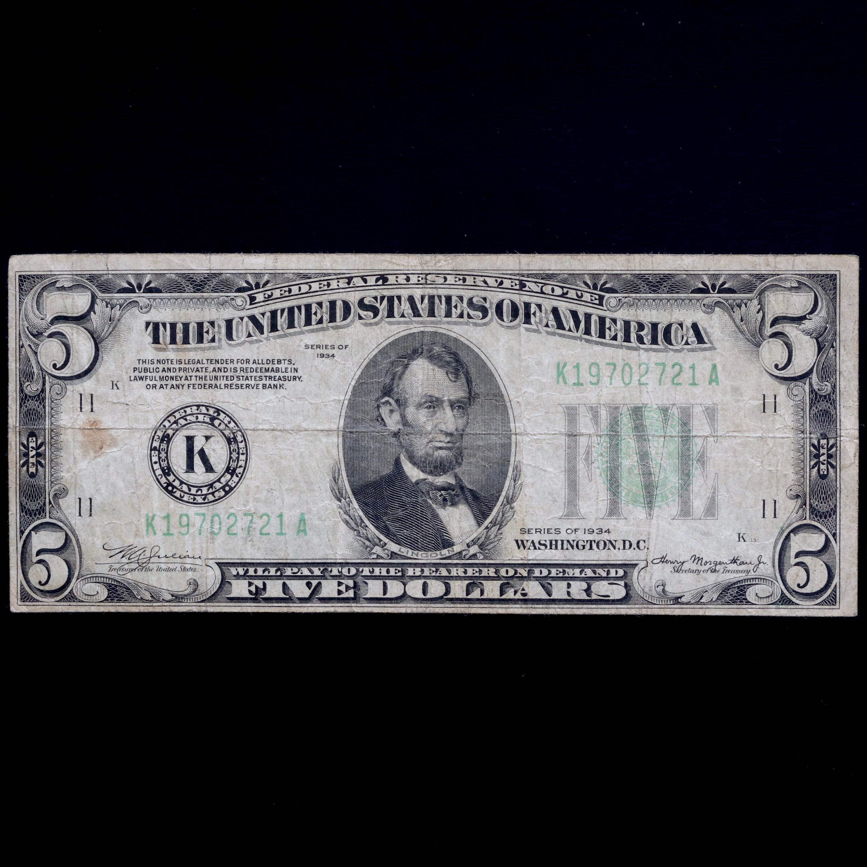America. Five Dollars $5, 1934. Federal Reserve. Green Stamp.