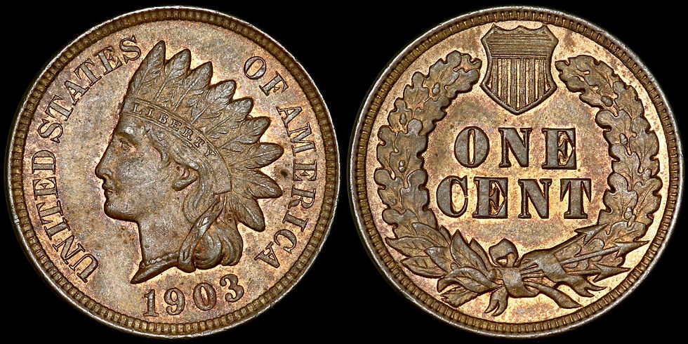 Thumbnail: America. Small Cent, 1903. Indian Head Type. Bold Recut Reverse Die “ONE CENT”.