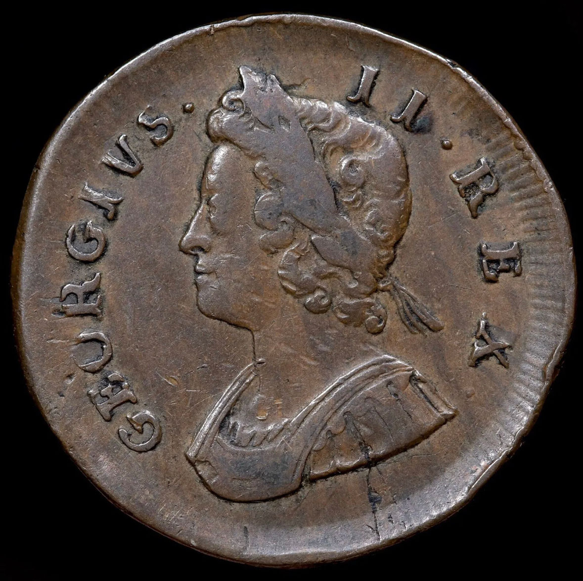 George II, 1727-60. Halfpenny, 1734. Struck On A Larger Broad Flan. 32mm.