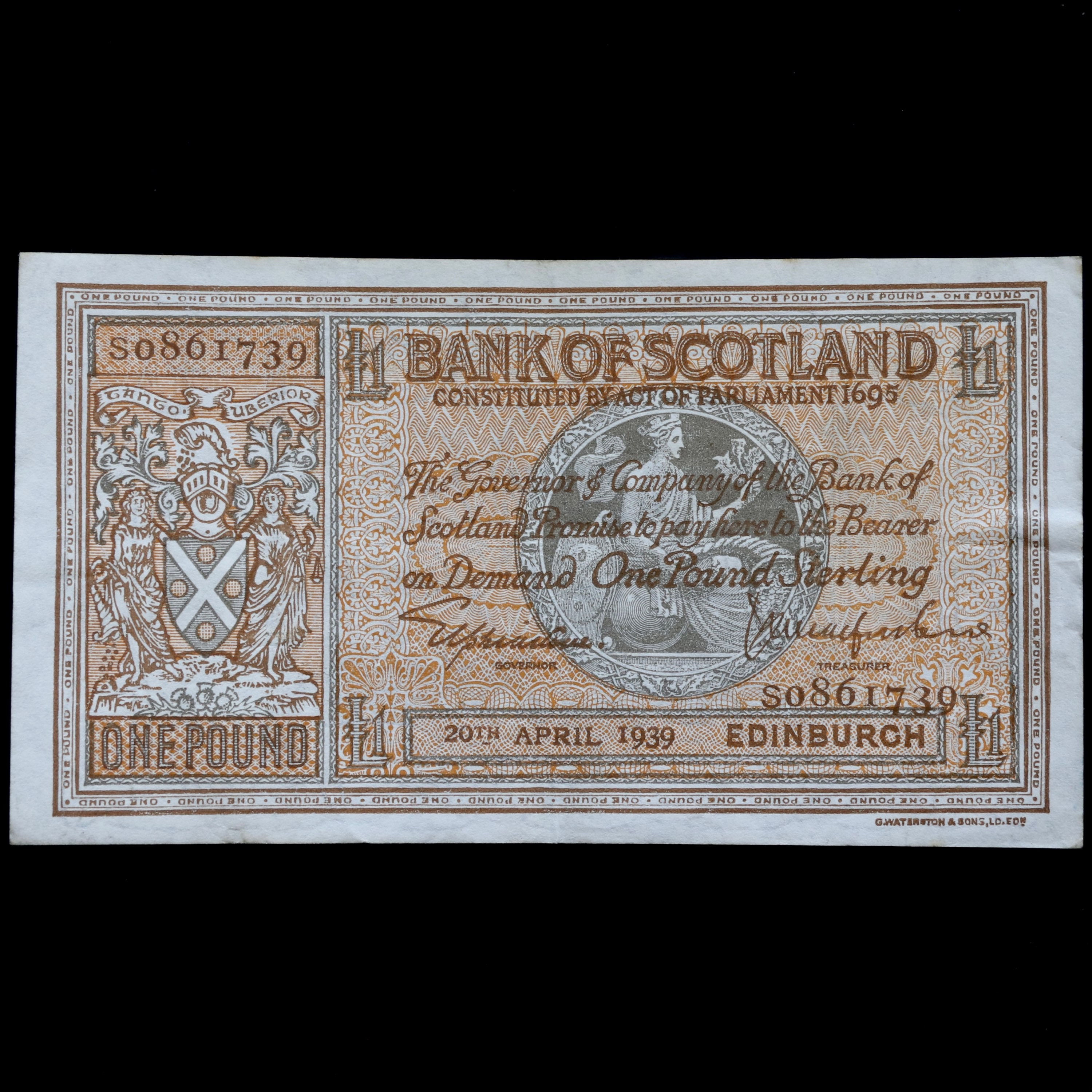 Bank Of Scotland. One Pound £1 Banknote. 20th April 1939.