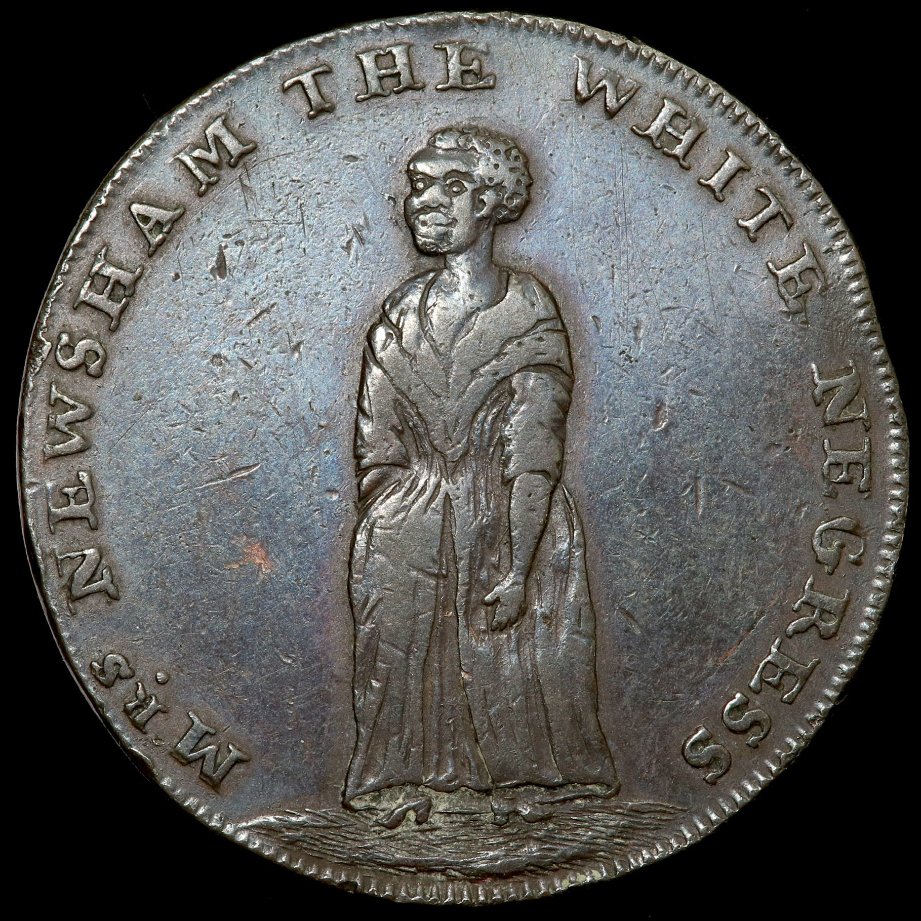 Halfpenny Token, 1795. T Hall. Mrs Newsham The White Negress.