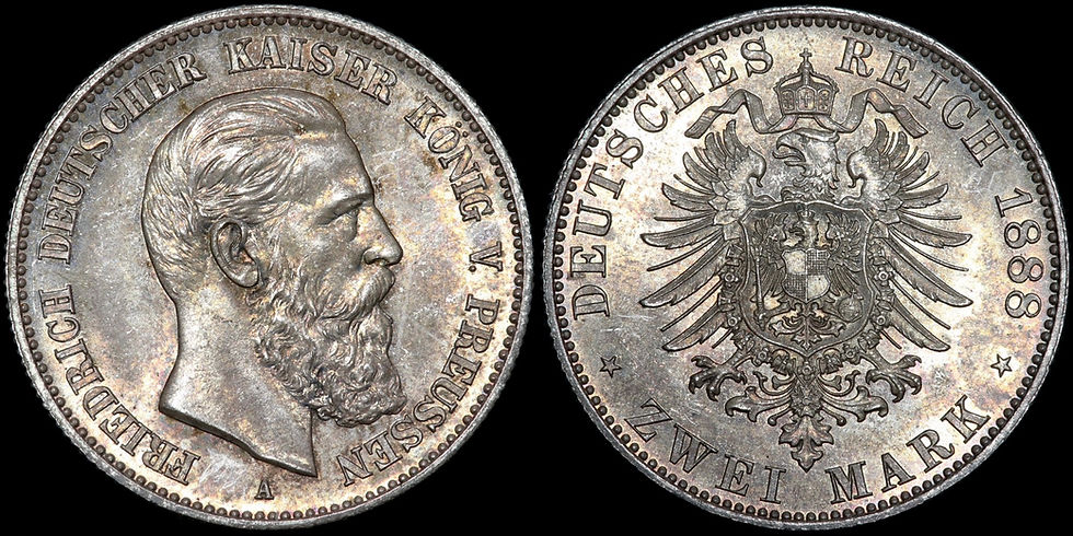 Thumbnail: German States, Prussia. Frederich III, 1888. 2 Marks, 1888 A. Berlin Mint.