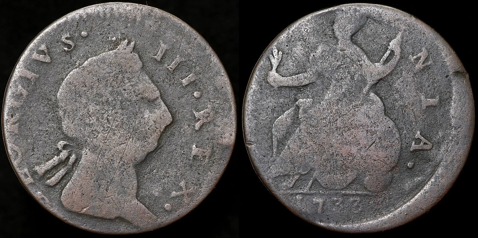 Thumbnail: Georgian Contemporary Imitation / Evasion Halfpenny, 1733. George III / II Mule.