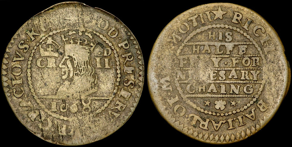 Thumbnail: Monmouth. Halfpenny Trade Token, 1668. Richard Ballard. Charles II Portrait.