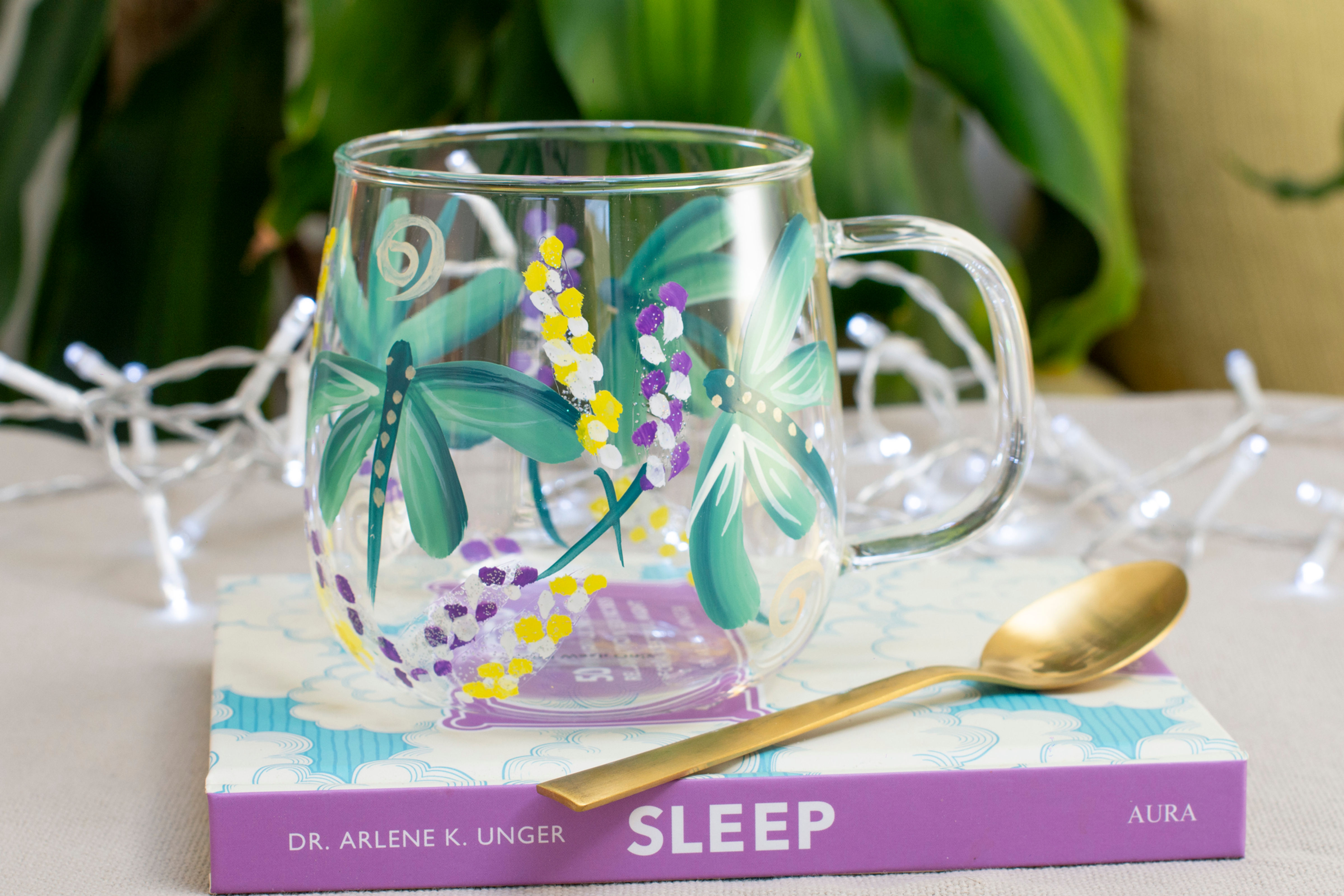 Dragonflies | Flowers | Hand Painted Glass Mug | Cup