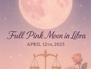 Illustration of the Full Pink Moon in Libra rising over a serene landscape with blooming pink flowers, glowing moonlight, and symbolic Libra scales in the sky—representing harmony, balance, and emotional renewal.