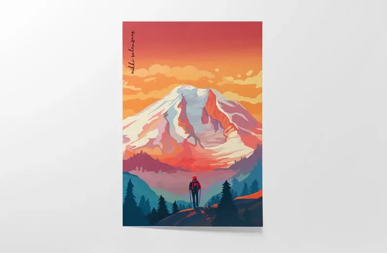 PNW Mt Rainier Hiker - Art Print 8.5x11