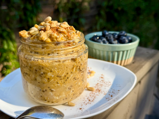 overnight pumpkin oats and chia with toasted pine nuts