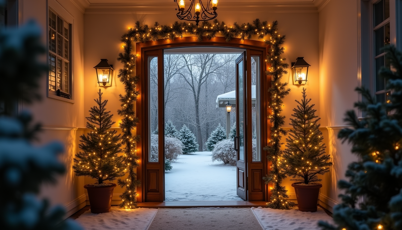 Eye-level view of a beautifully decorated winter entryway with artificial cedar garlands