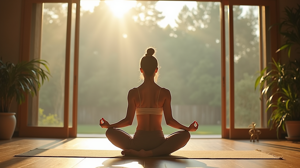 Eye-level view of a person practicing yoga in a serene environment