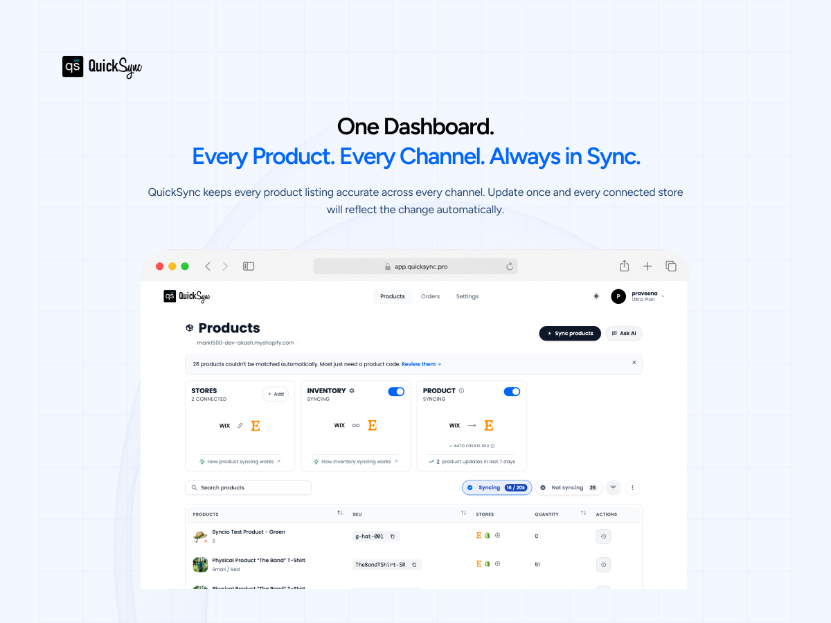 QuickSync ‑ All in One App settings interface — Apps for Stores app on the Wix App Market