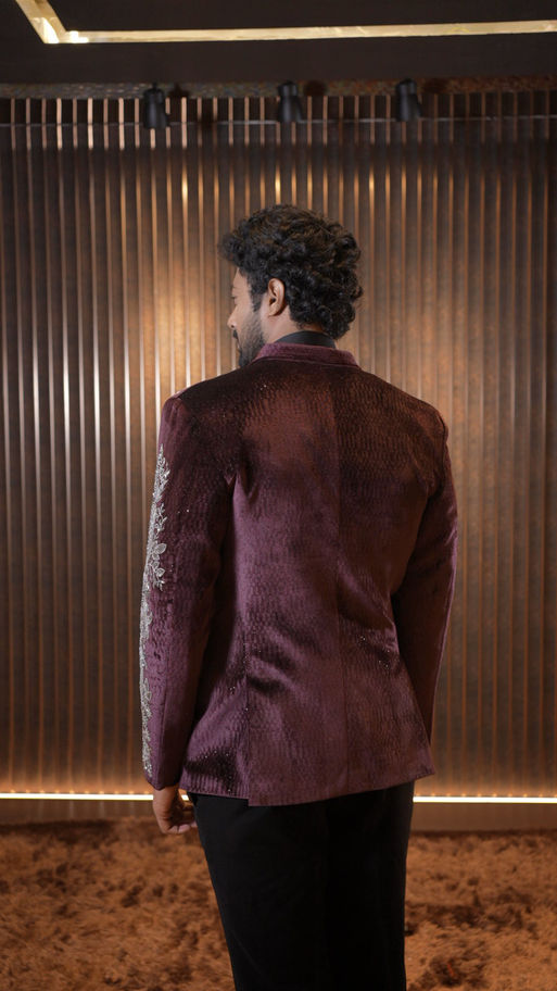 Bespoke maroon double-breasted embroidered velvet tuxedo for men in Hyderabad
