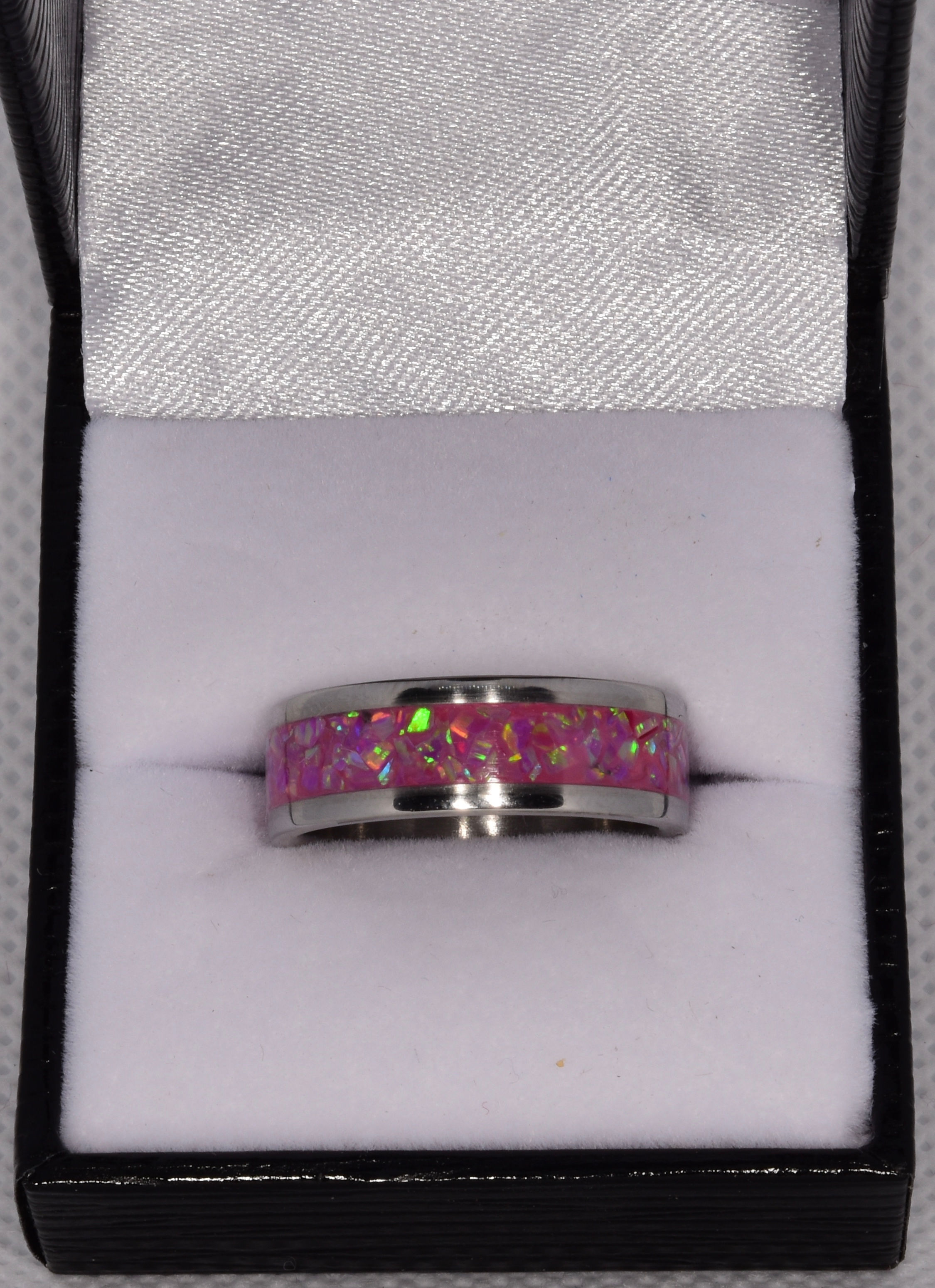 Stainless steel ring with Pink Opals