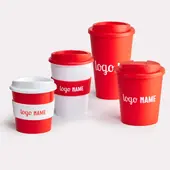 4 formaten bekers rood met wit logo