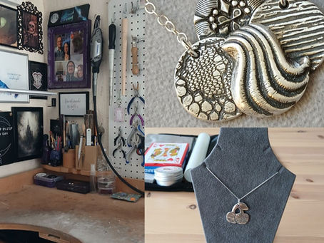 A collection of photos from my jewellery business, jewellers bench, handmade necklace & a sample at a workshop