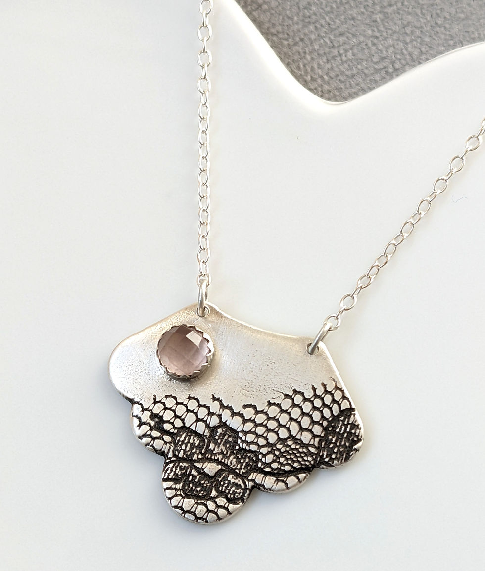 Thumbnail: Sustainable Silver Lace Fan Necklace - OOAK with Rose Quartz, Handcrafted