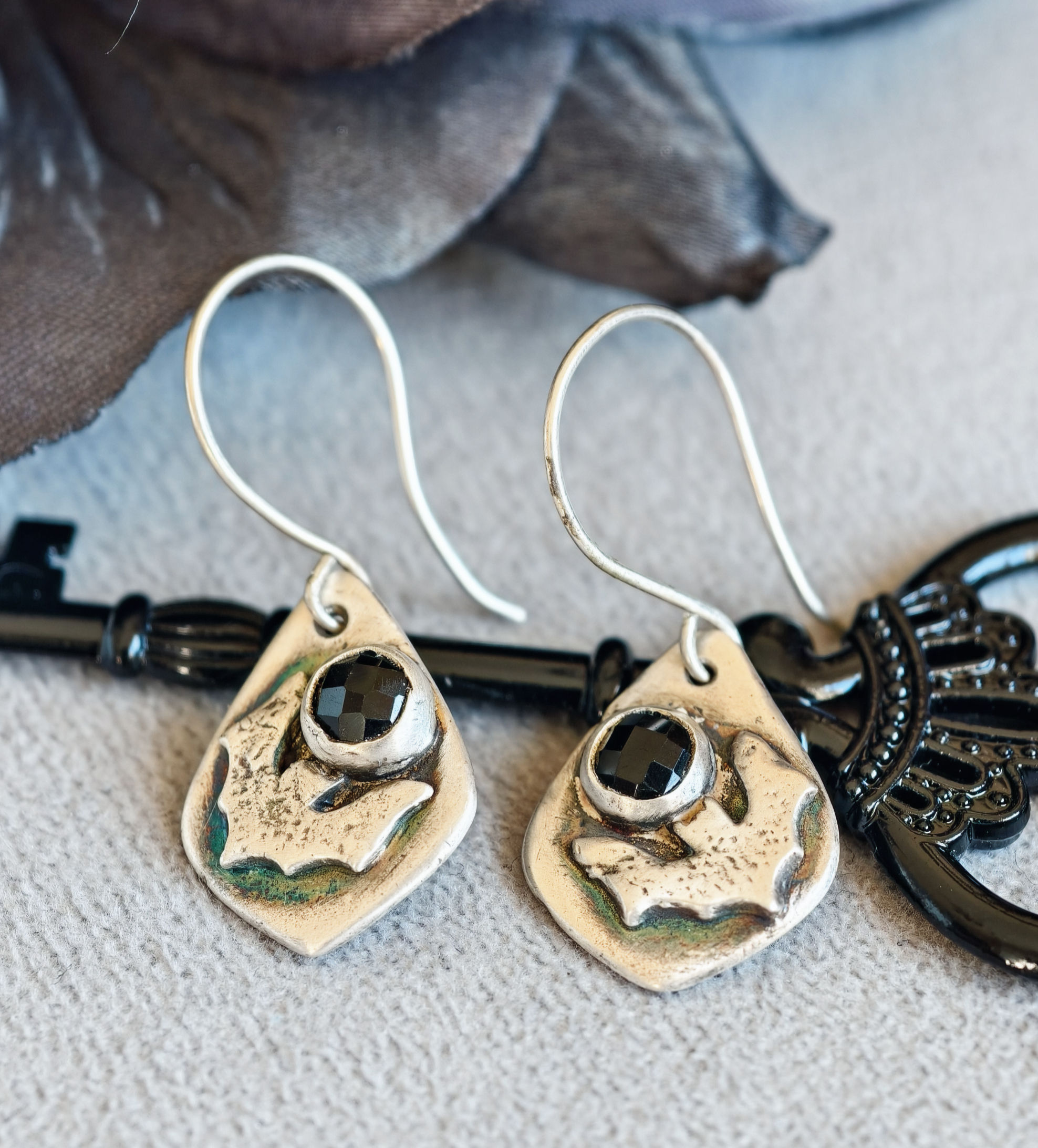 Bat & Black Onyx Silver Earrings - Gothic Handmade Earrings