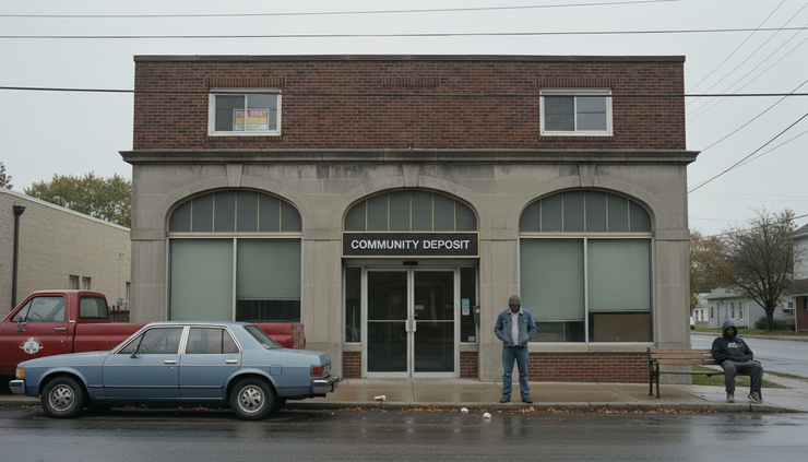 Eye-level view of a quiet neighborhood bank entrance beside parked cars.