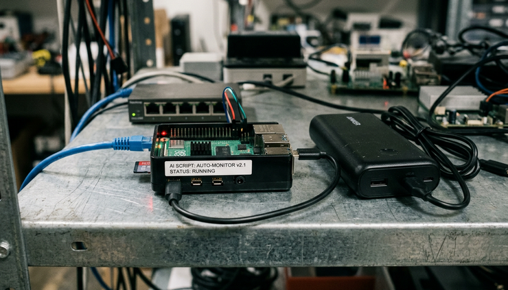 Eye-level view of a small single-board computer connected to a battery pack on a metal shelf.