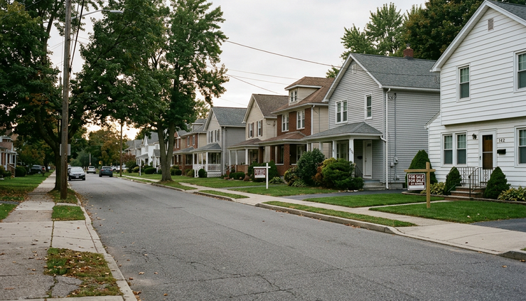 Eye-level view of a quiet suburban street with homes and sale signs.