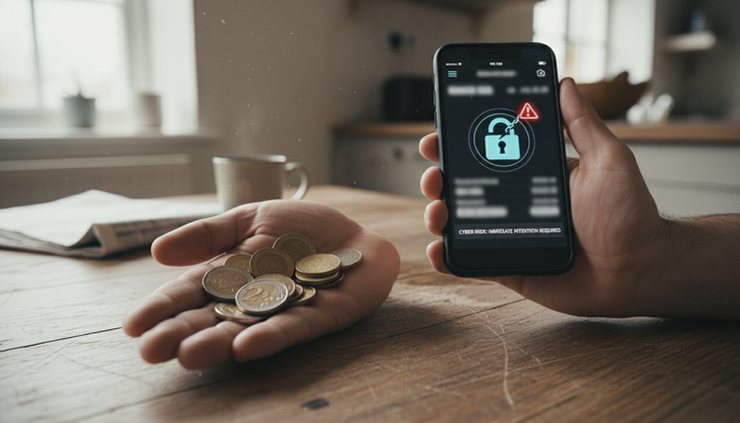 Eye-level view of a hand holding mixed coins and a phone wallet screen beside a kitchen table