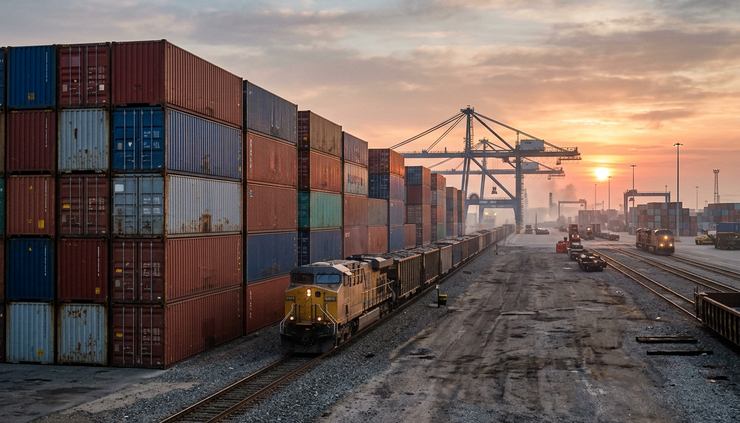 Eye-level view of stacked shipping containers beside a freight rail line at sunrise